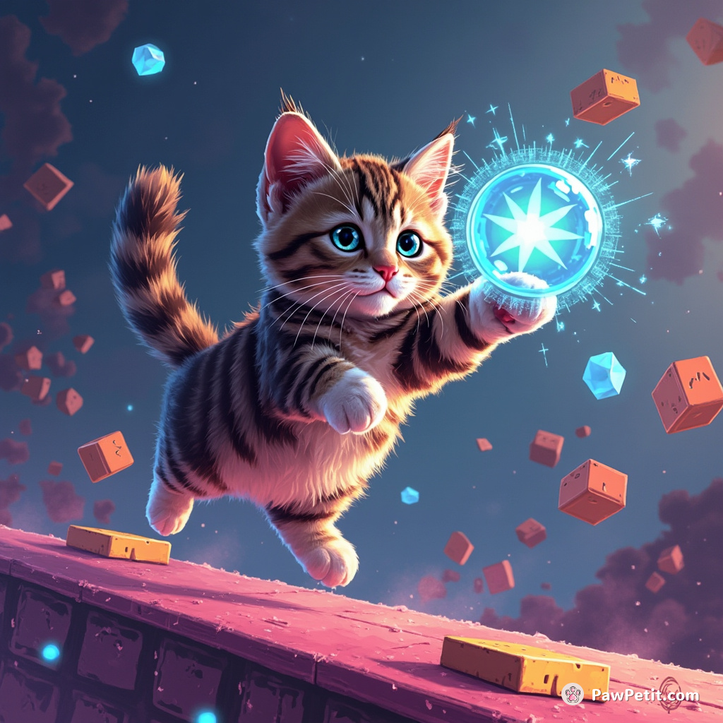 The cat leaps nimbly, launching virtual obstacles with a flick of its holographic-powered paw.