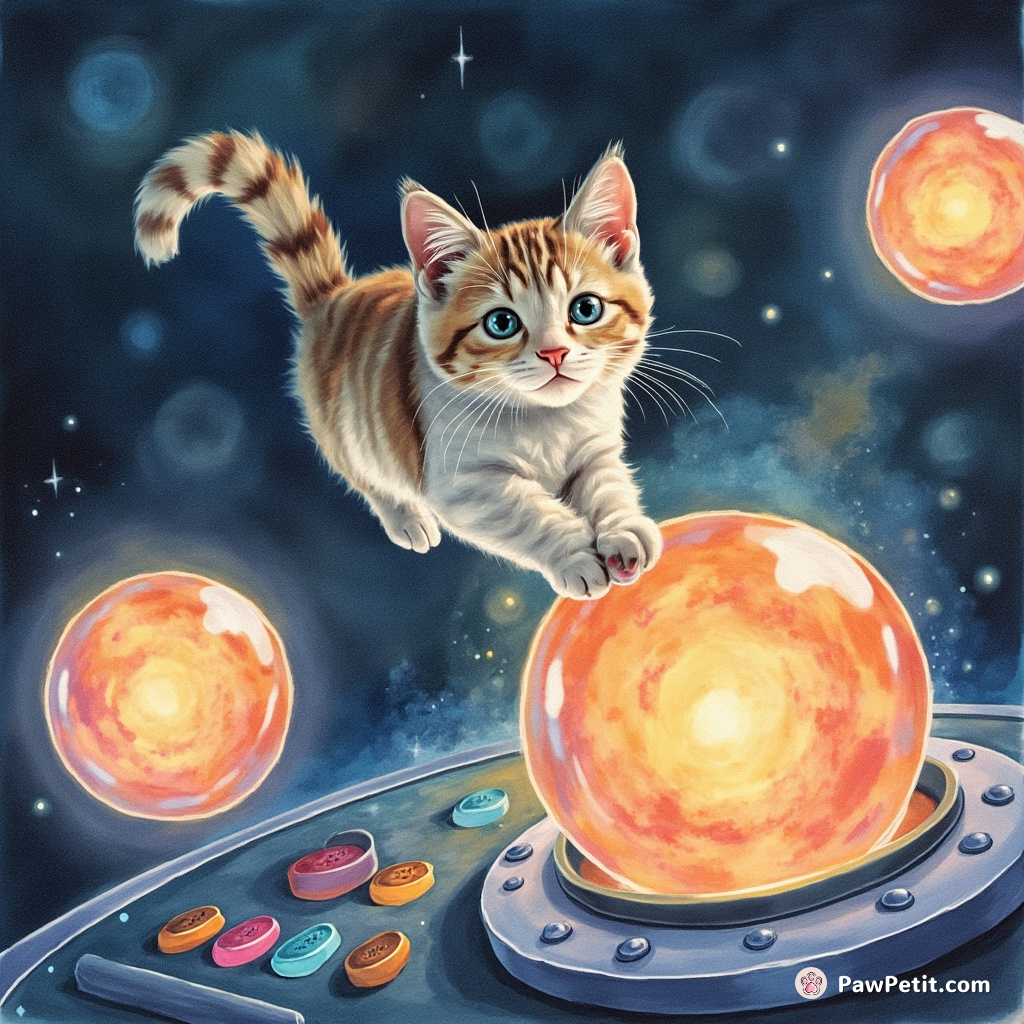 The feline deftly leaps between glowing orbs, triggering a cosmic symphony with each precise paw tap on alien consoles.