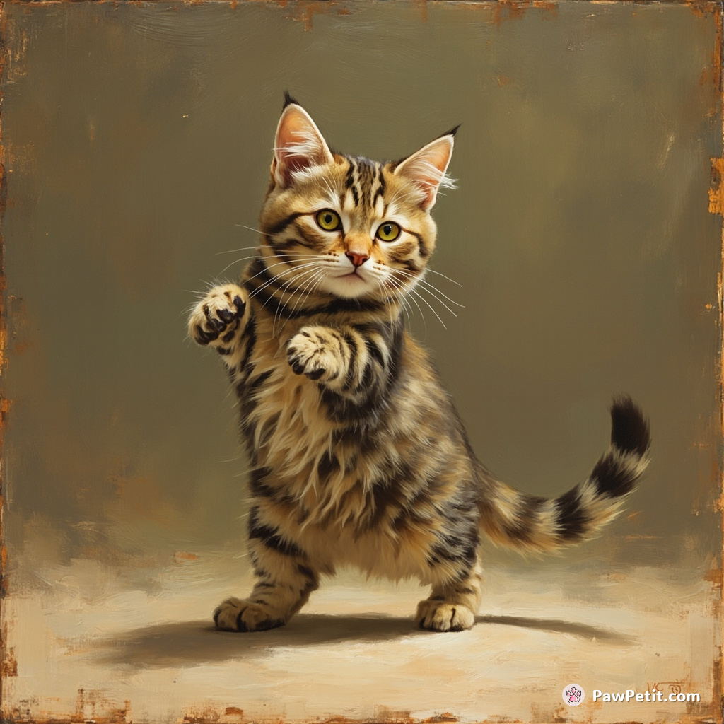 A cat meticulously practices walking upright, its serious demeanor amplifying the absurdity of its human imitation.