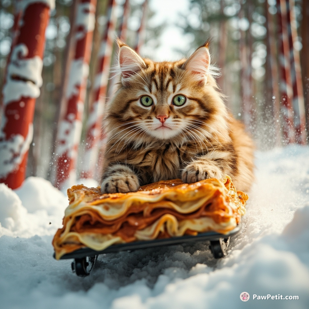 Cat gleefully sledding down an oversized lasagna in a snowy candy-cane forest.