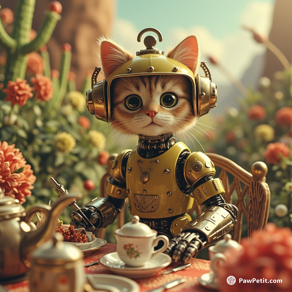 Steampunk cyborg cat hosting a 1950s-style robotic afternoon tea party in an alien Martian garden.