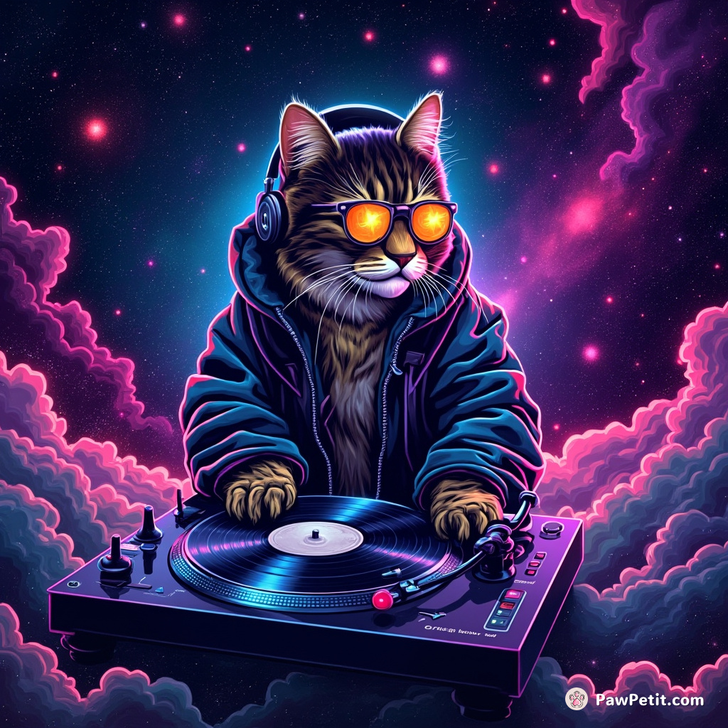 A neon-tinted feline DJ spinning vinyl records on milky way turntables amidst an interstellular nebulas.