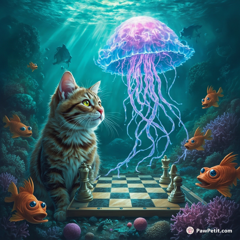 Cat playing chess underwater with luminous alien jellyfish, a squabble of frustrated-looking fish waiting their turn around the coral-board.