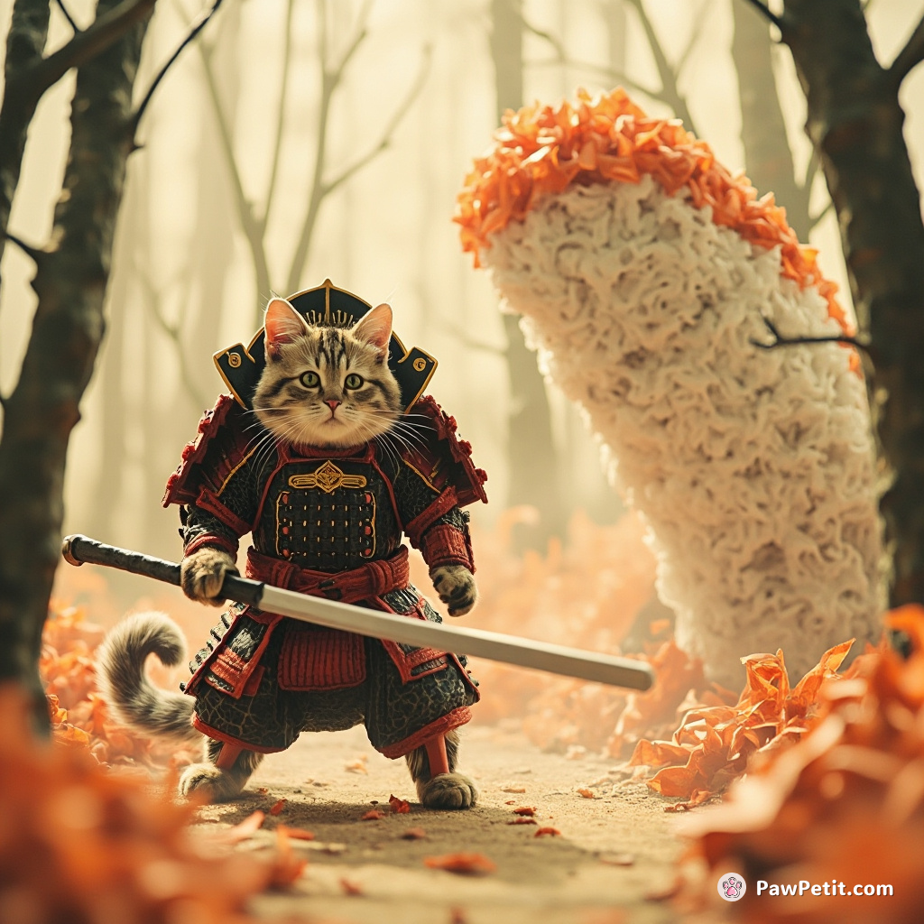 A Samurai cat, wearing a sushi armor, in a wild-west style showdown against an enormous California roll in an origami forest.