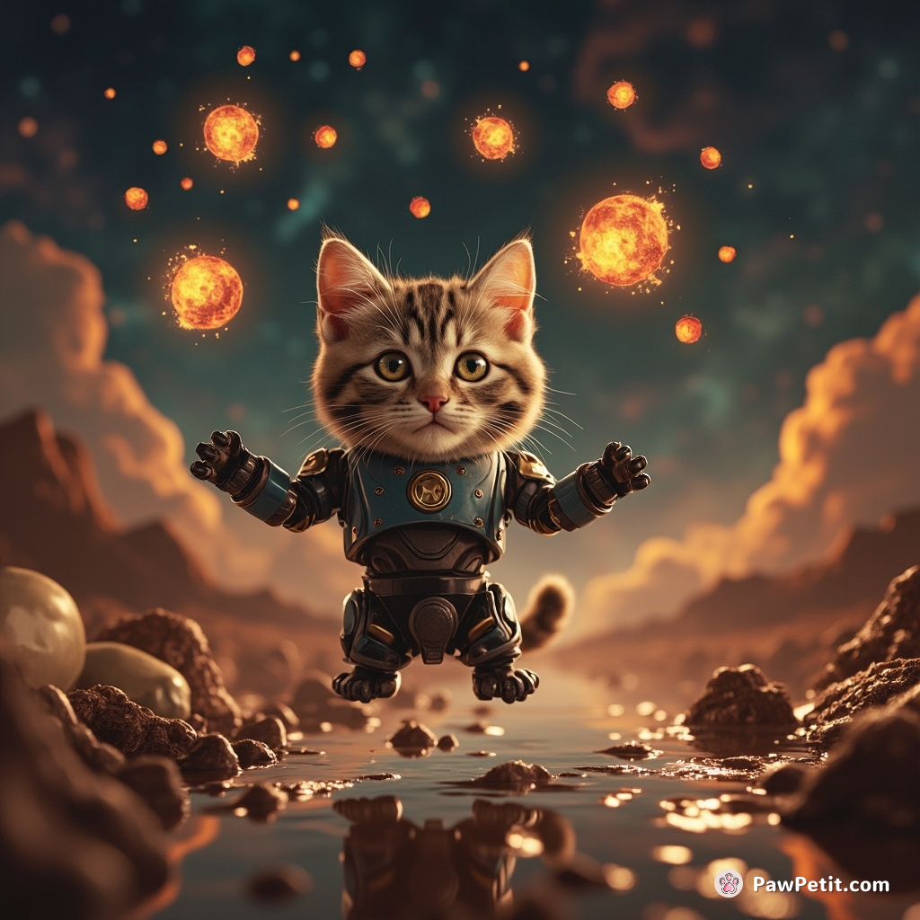 A robotic cat juggling fiery meteors over a chocolate river in a dessert-themed galaxy.