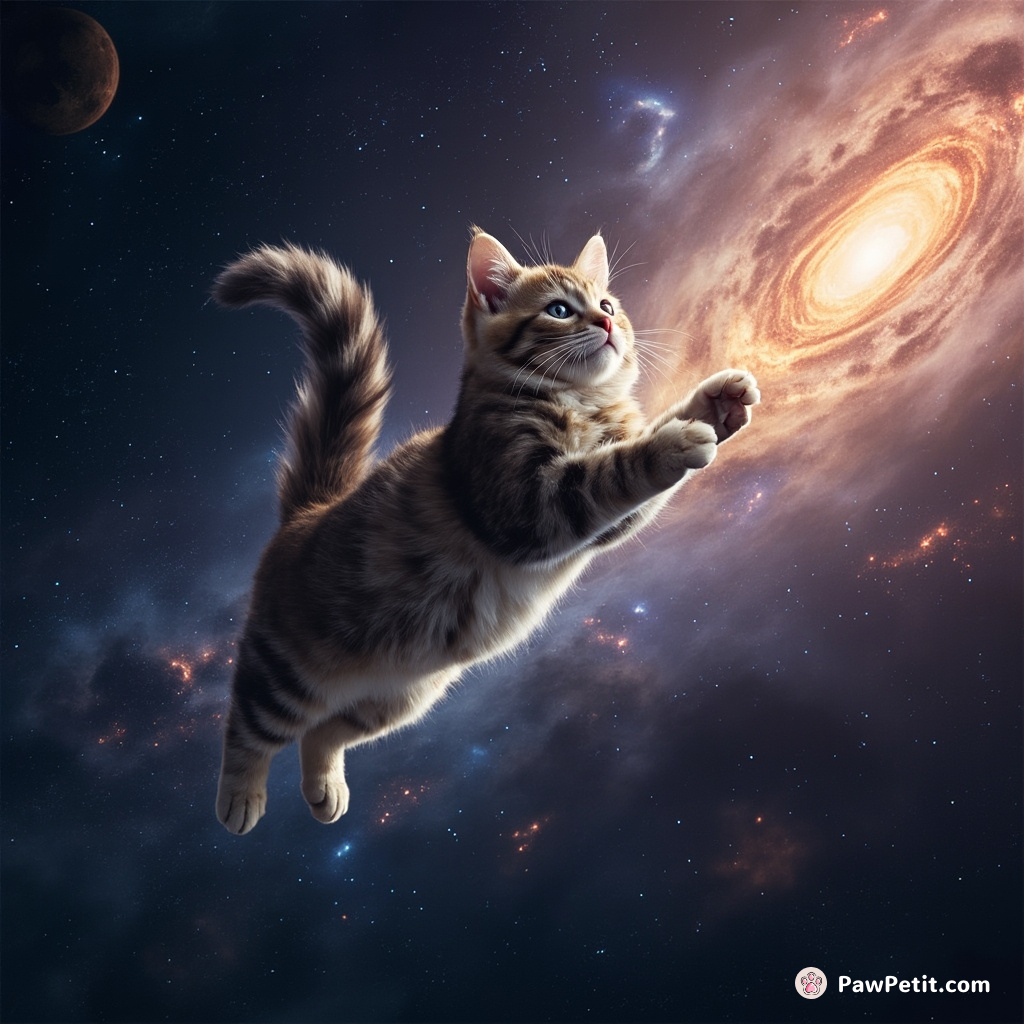 A cat painting the cosmos with its tail while floating in zero-gravity space.