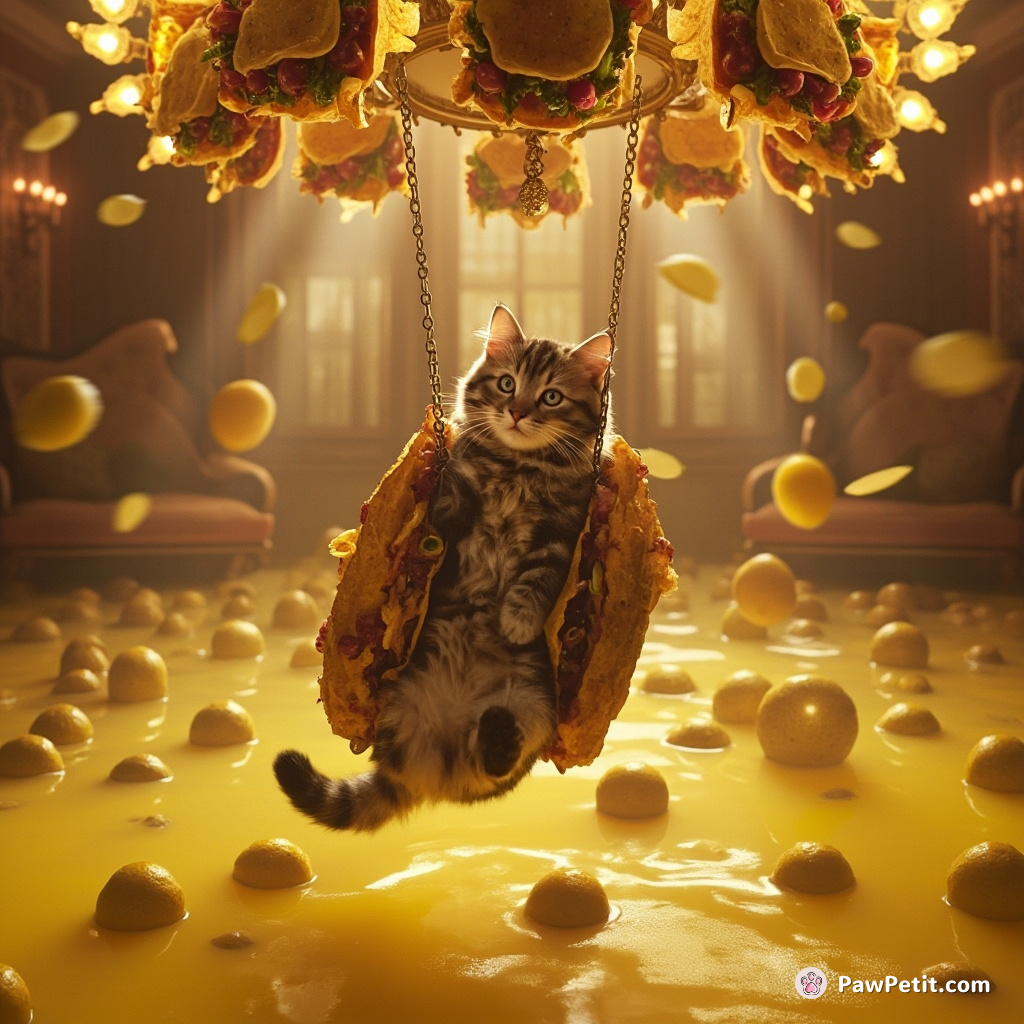A cat swinging from a chandelier made of tacos, in the middle of a Victorian-style grand ballroom flooded with lemonade.