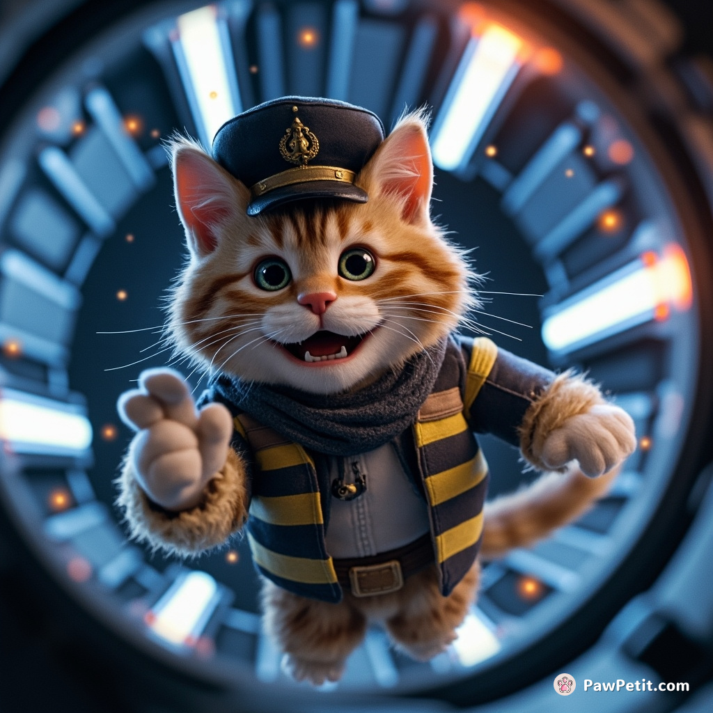 Navigating a Quantum Droid ship, Captain Whiskers flicks his tail, instantly pulling them through a wormhole into uncharted galaxy adventure.