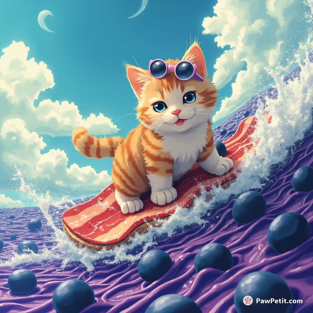 A cat surfing on a bacon slice in a sea of blueberry pie filling, under a spaghetti sky.