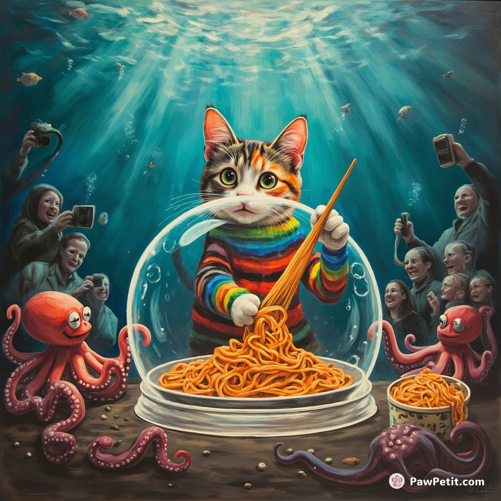 Rainbow cat cooking spaghetti in an undersea bubble dome whilst octopus onlookers cheer and take pictures.