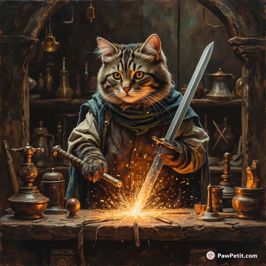 Cat skillfully forging magical swords in a medieval animal blacksmith shop.