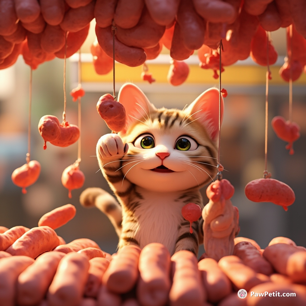Playfully, the cat swiped at a hanged sausage chain in a market stall, causing a hilarious 'meat-rain' fiasco.