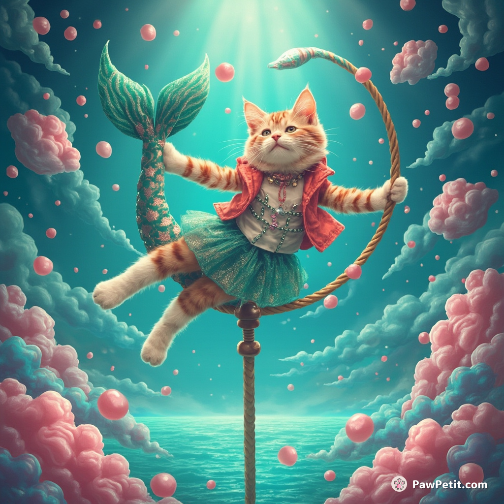 Cat performing a trapeze act over a bubblegum sea during mermaid rush hour