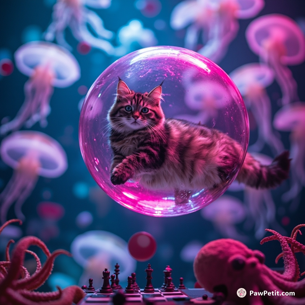 Cat floating in a neon-pink bubble in an undersea disco, swimming with fluorescent jellyfish and playing chess with a grumpy octopus.