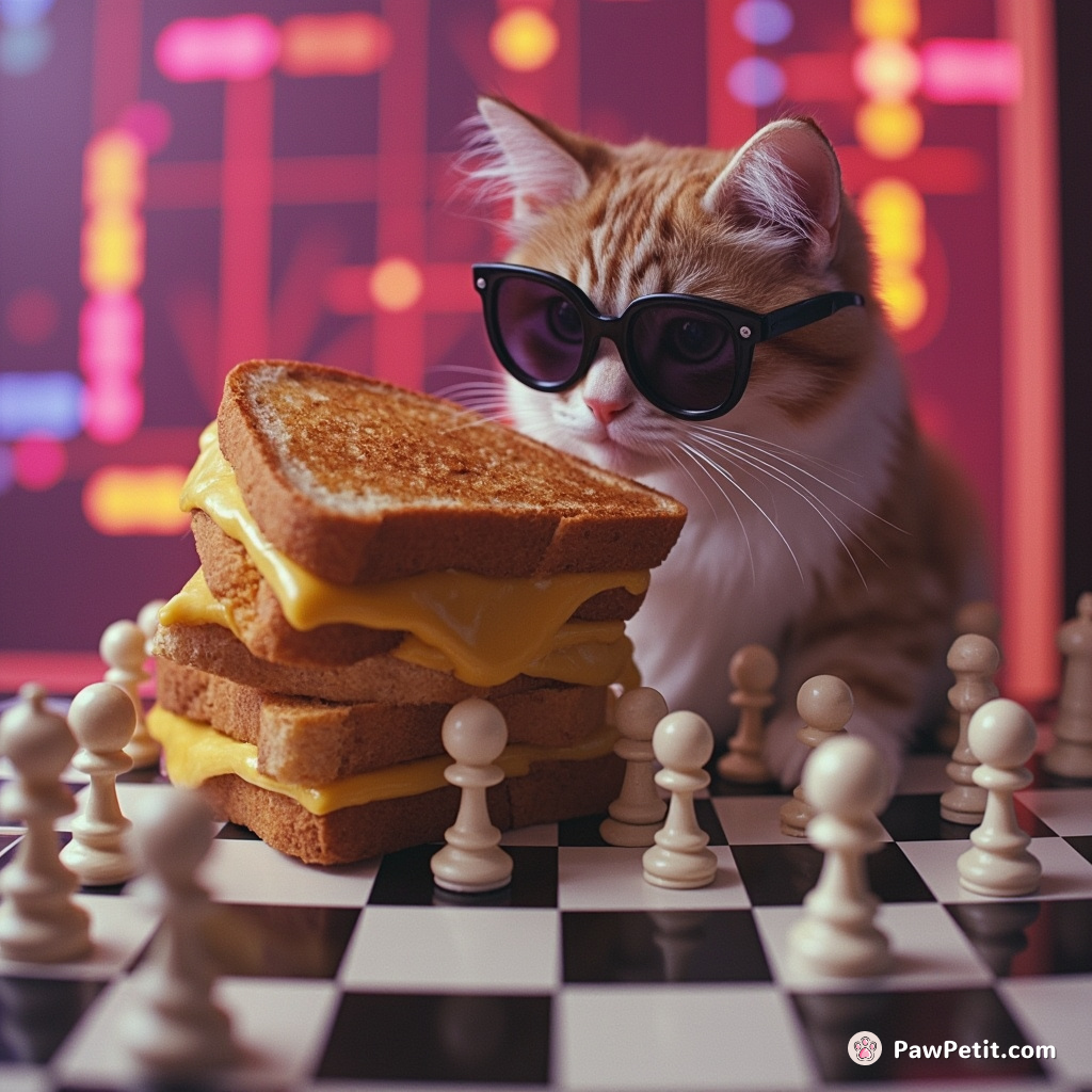 A ragdoll cat unwisely attempting to convince a grilled cheese sandwich to gold-pan on a varsity chess team.