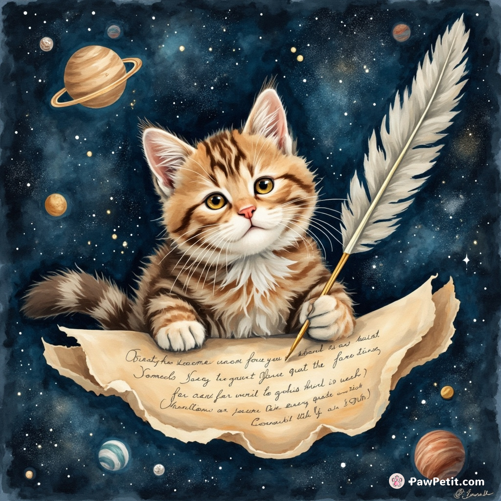 A cat using a quill pen to write a Shakespearean sonnet on a cosmic parchment floating in zero gravity space.