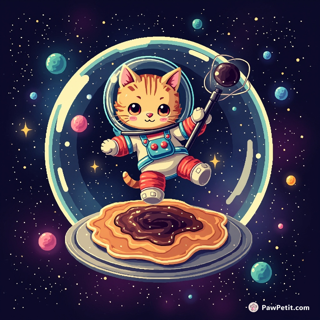 A cat astronaut floating in a spacetime bubble, flipping galaxy-shaped pancakes with a spatula tipped with a black hole.