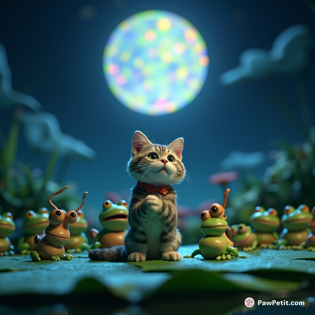 A cat conducting a symphony of singing frogs on a lily-pad stage under an iridescent moon.