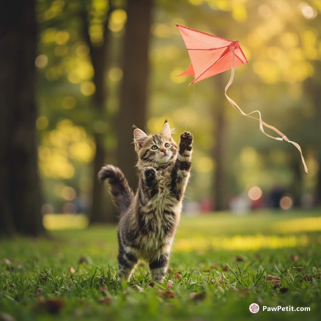 In a park, a cat confidently tries to fly a kite, chasing it comically as it soars away.