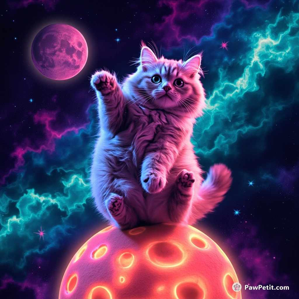 A neon cat doing backflips over a cheese moon within an aquatic cosmos.