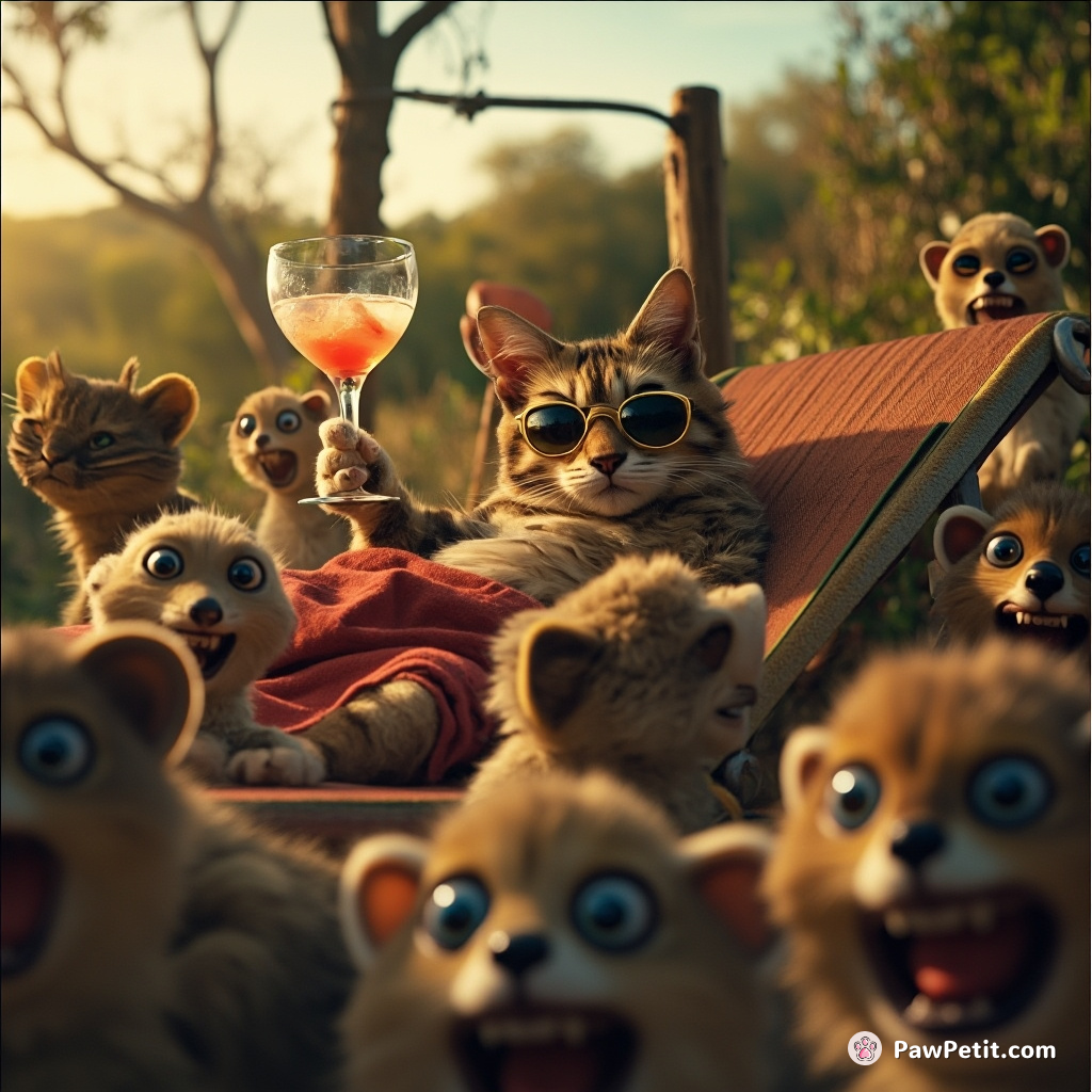 Chaos spiked as Felix, basking on a sunlounger with cocktail in paw, induced frenzied voyeurism from stunned bush critters.