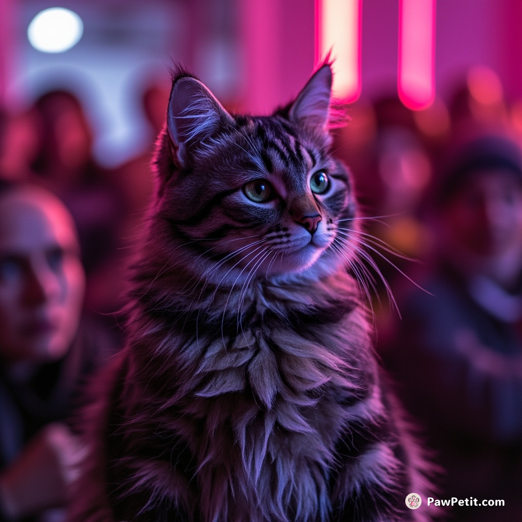 The cat attempts public speaking, meowing confidently at a baffled human audience.
