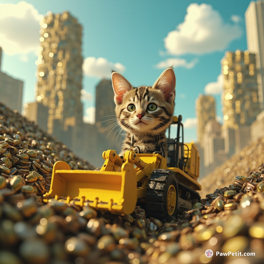 Cat using a miniature bulldozer to construct a skyline made of sardine cans in cyberpunk Tokyo.
