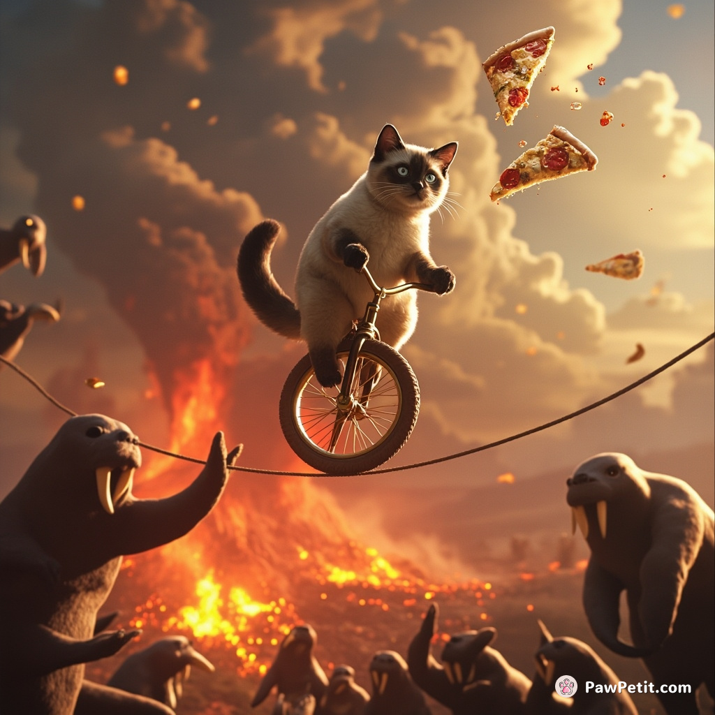A Siamese cat unicycling on a tightrope over an active volcano, tossing glitter pizza to cheering walruses below.