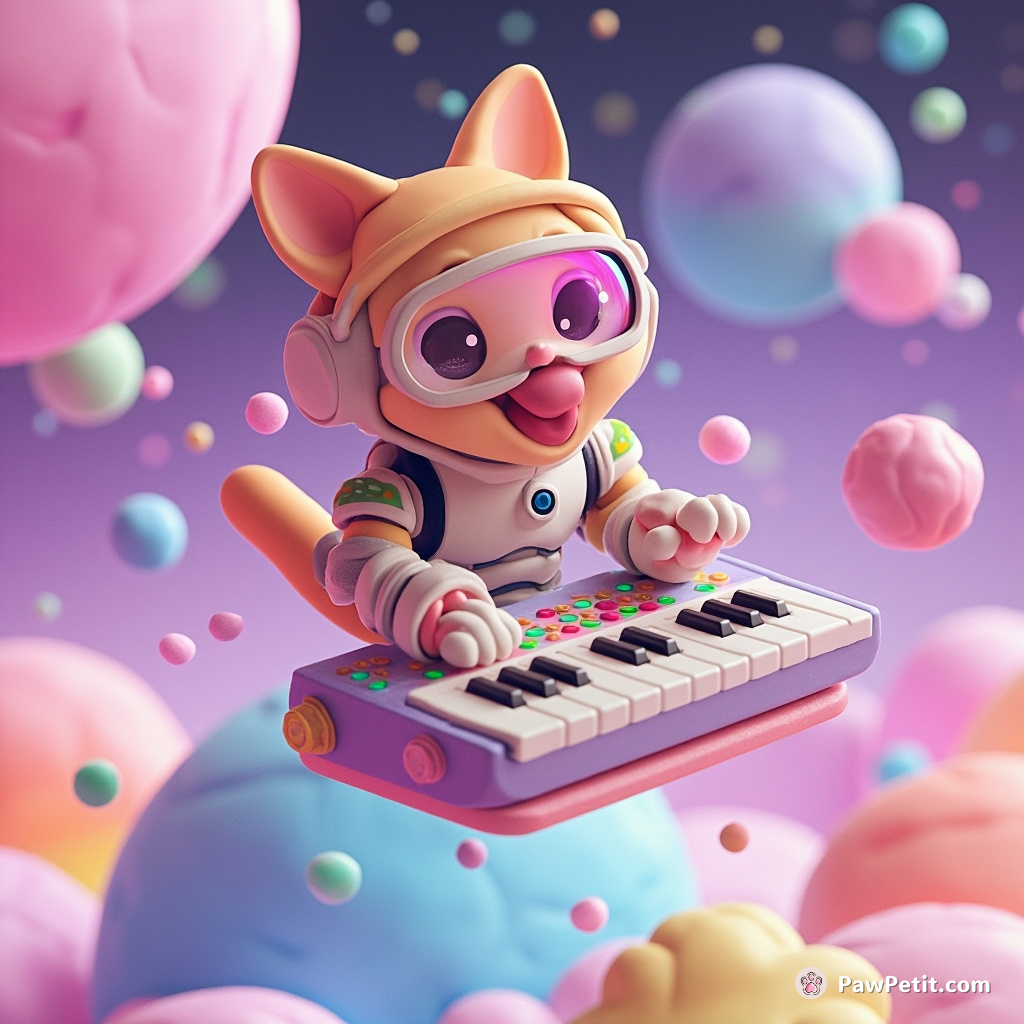 Cyborg cat composing rhythmic techno music on a floating synthesizer in zero-gravity pastel galaxy.
