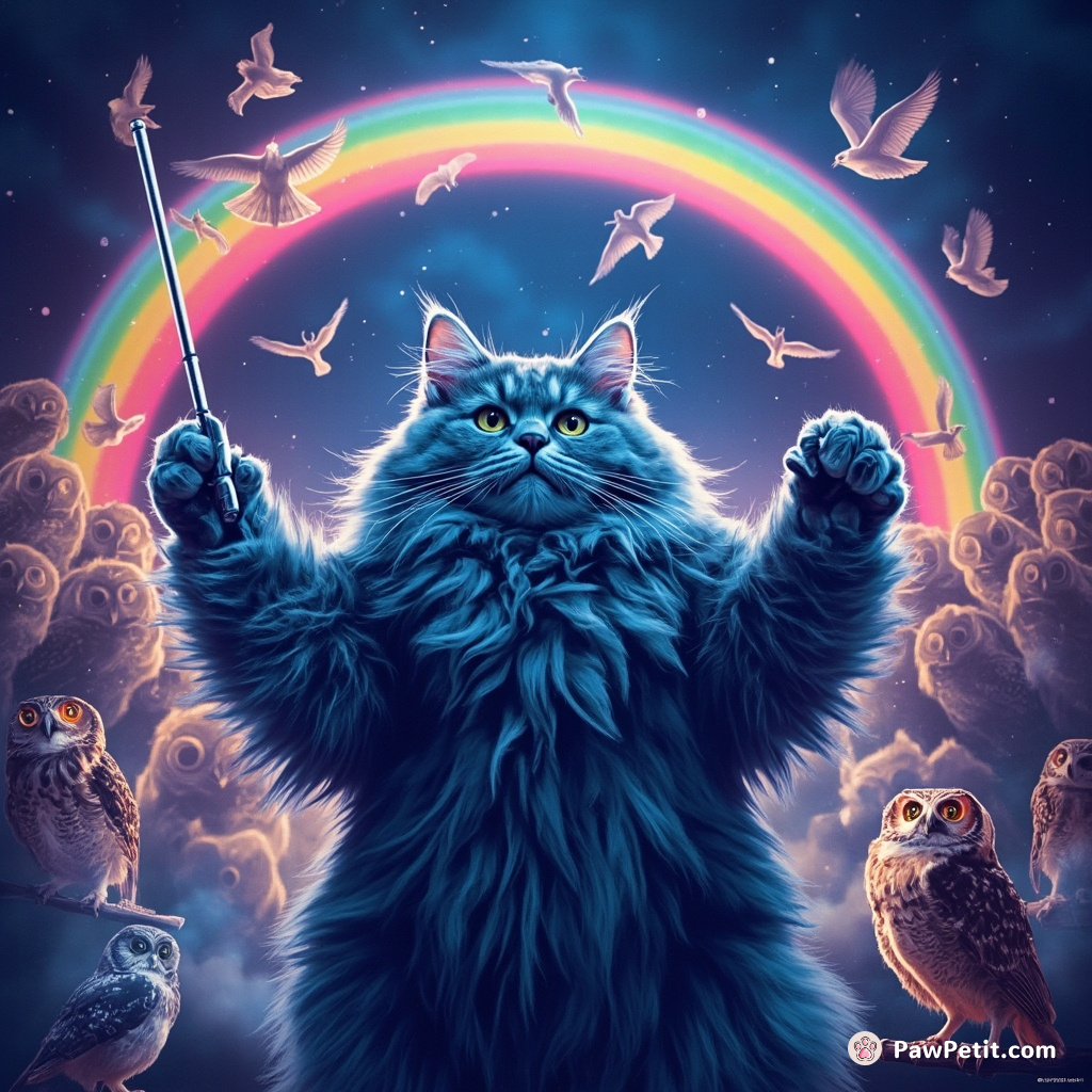 A royal blue Persian cat conducting a concerto for owls under a neon rainbow with silver baton.