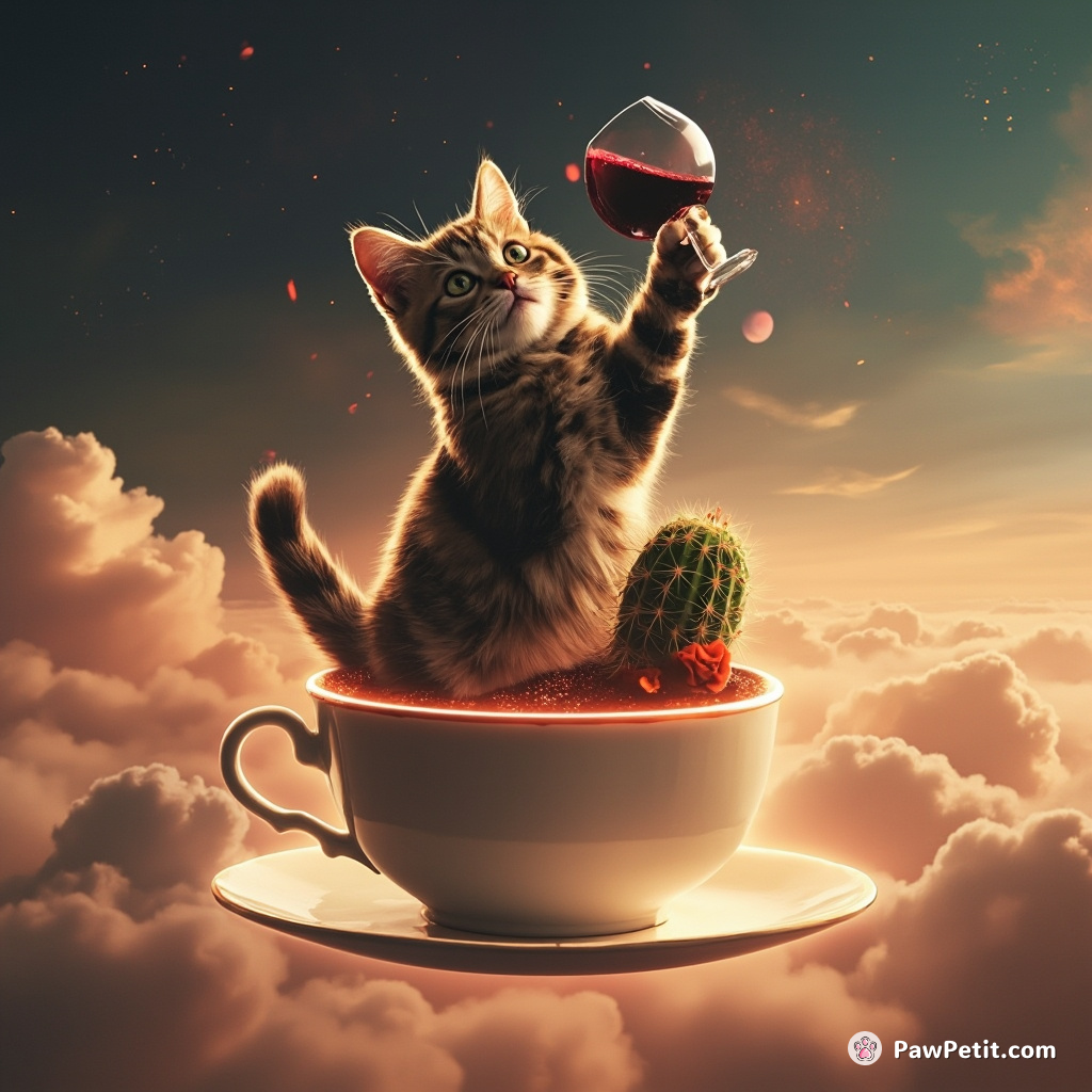 A wine-guzzling calico cat waltzing in mid-air around a glowing, levitating cactus, inside a colossal teacup drifting through nebulous space clouds.