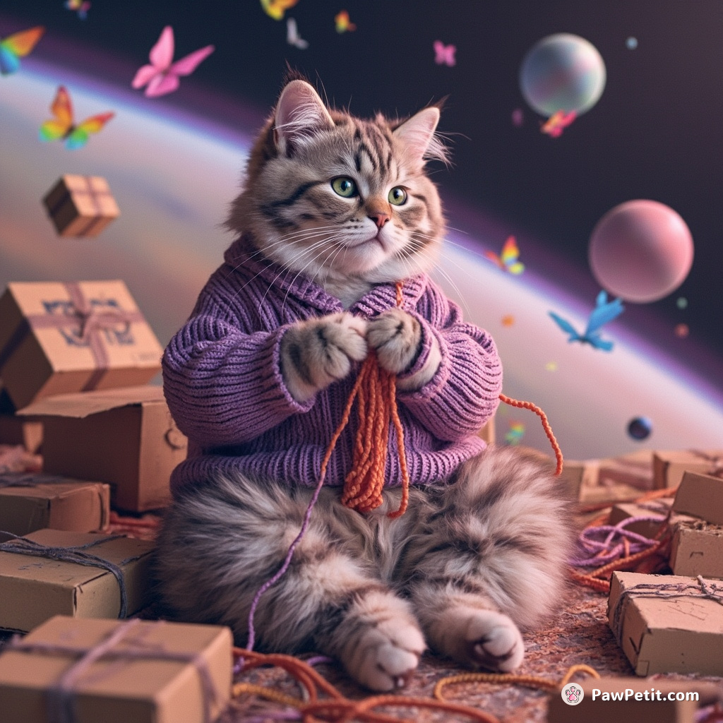 A chubby lavender cat knitting a giant sweater with salmon fishing line in a planet made of cardboard boxes while rainbow butterflies flutter around.