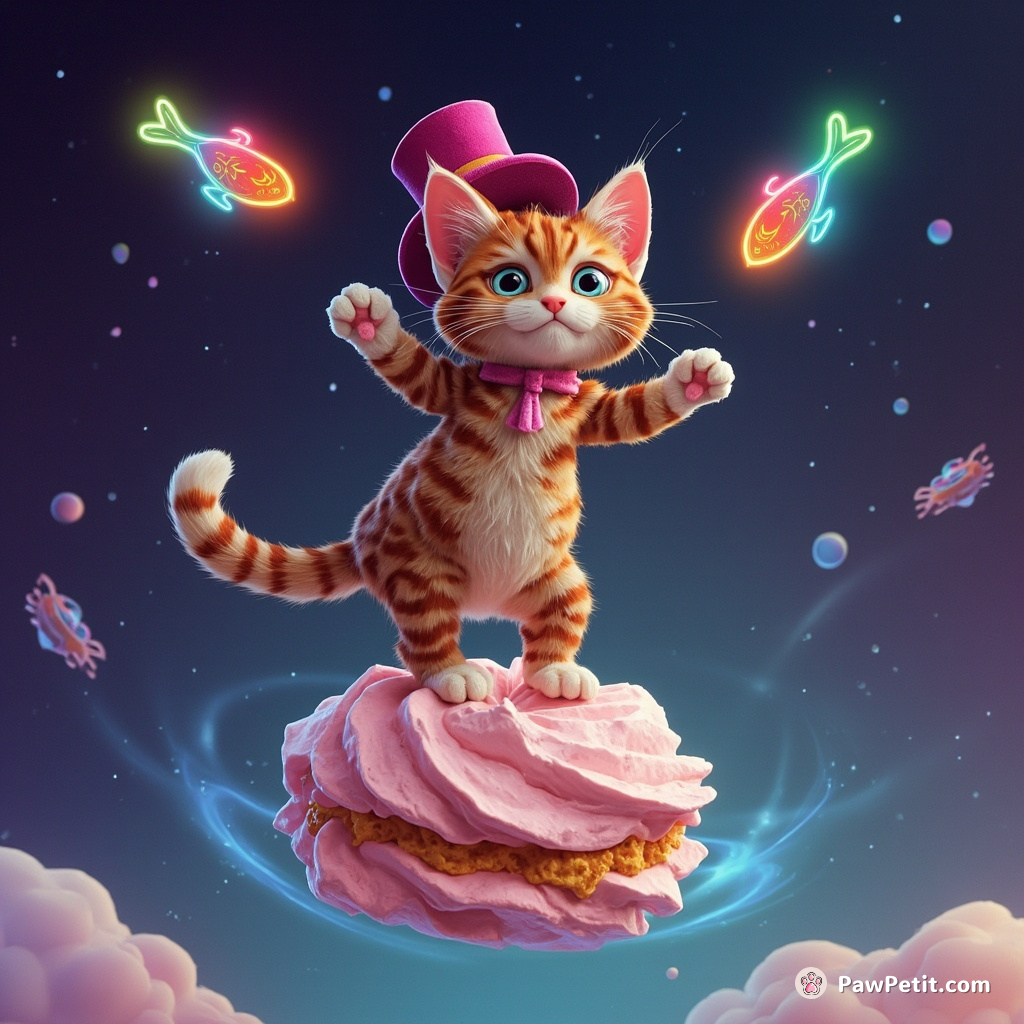Cat balancing on a gigantic meringue floating in outer space, juggling neon wi-fried fish while wearing a velvet top hat and Spock ears.