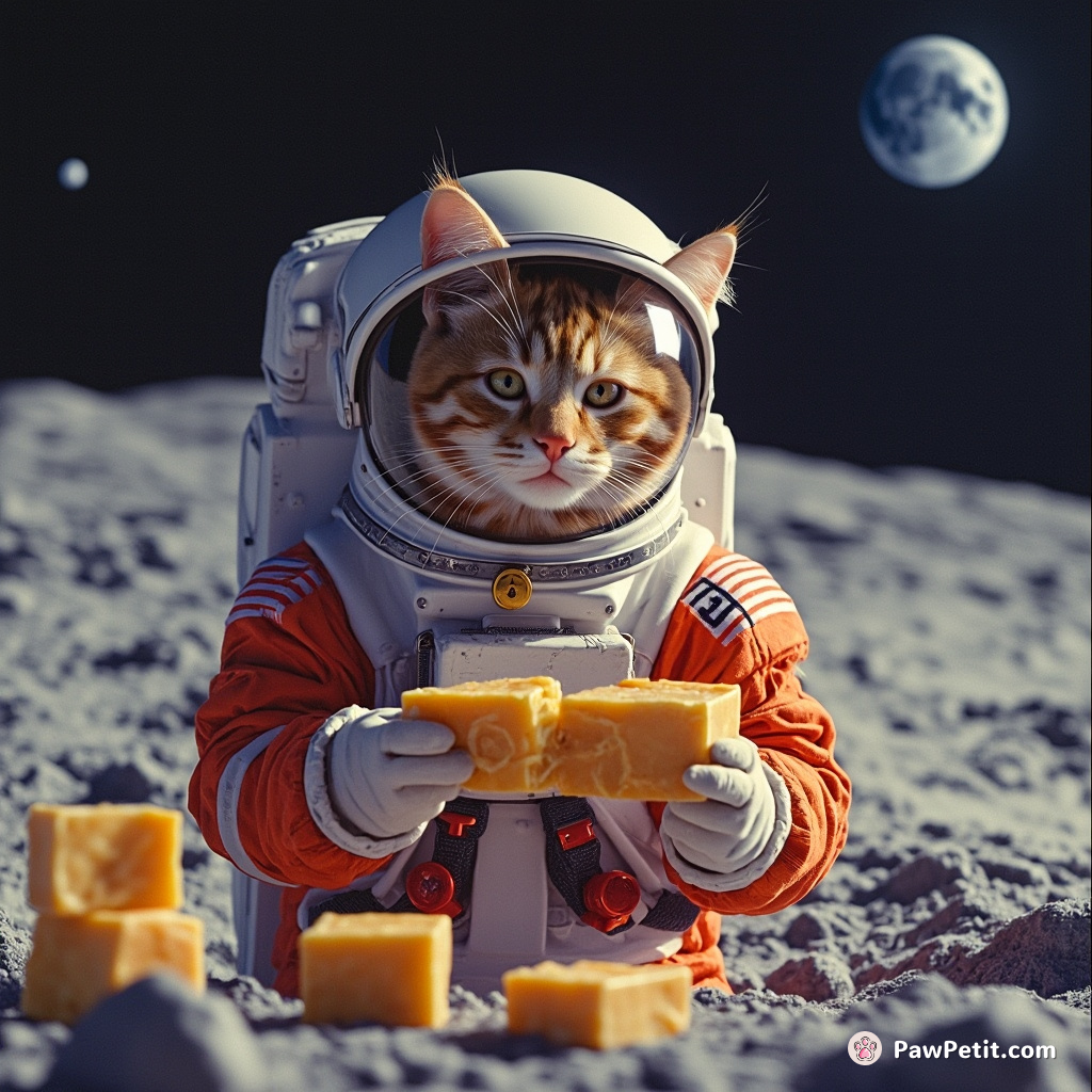An astronaut orange tabby cat crafting uncertainty-principle-proof cheese on the dark side of the moon.