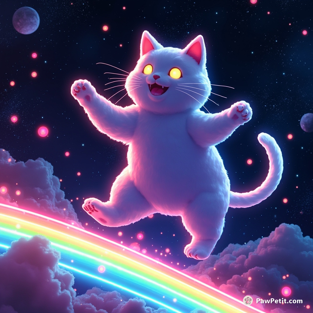 A giant neon cat playfully jumping over a glowing rainbow shooting stars in zero gravity space environment.