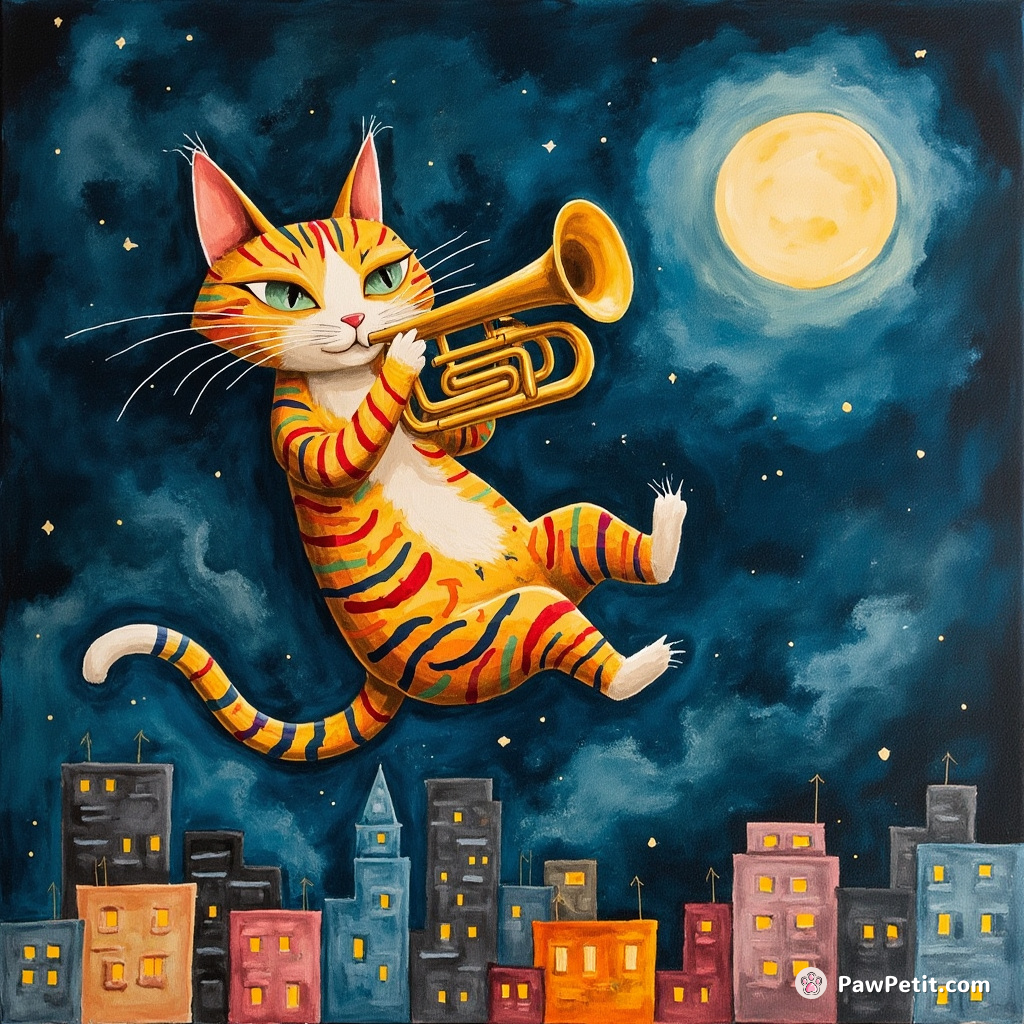A brightly colored Picasso-style cat playing a luminous tuba, suspended over a moonlit cityscape.