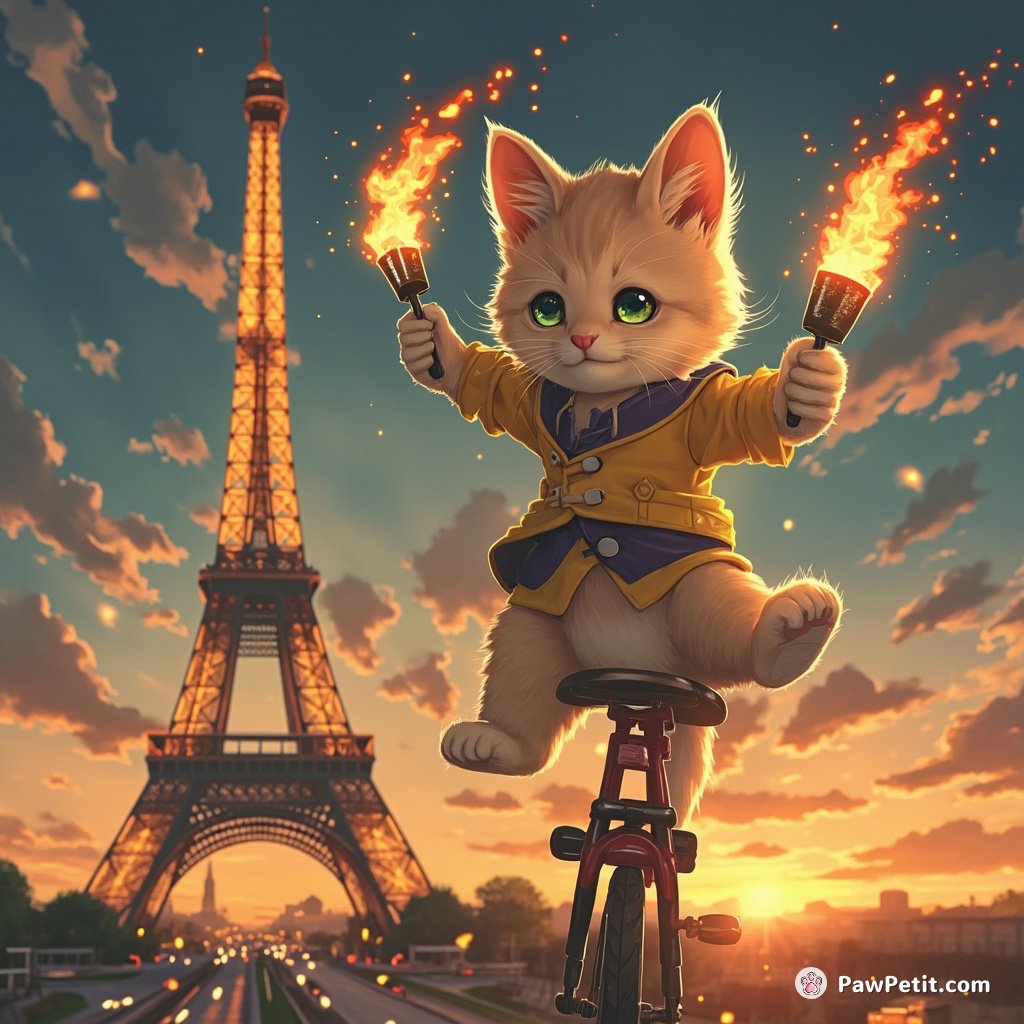 A cat juggling mini flaming comets while balancing on a unicycle atop the Eiffel tower.