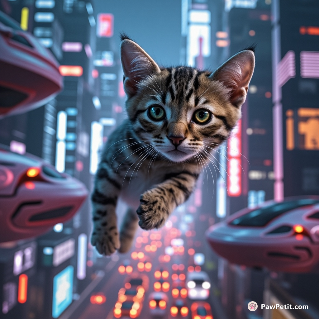 A nimble cat leaps across neon-lit skyscrapers, weaving through hovering traffic in the bustling tech metropolis.