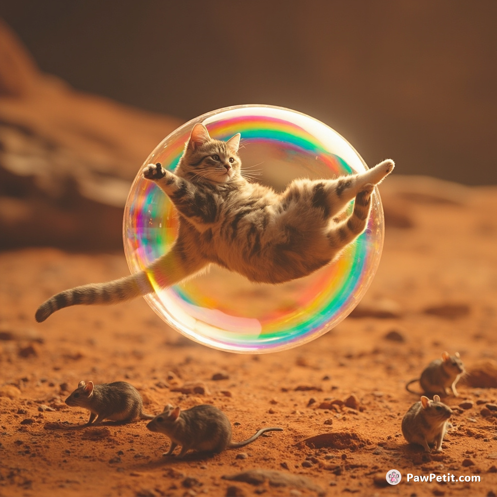 Cat floating in a rainbow bubble on Mars, dancing a graceful interpretive ballet with adorable Martian mice.