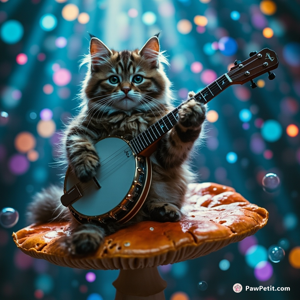 Cat playing a bluegrass banjo on top of a flying mushroom in a disco party underwater.