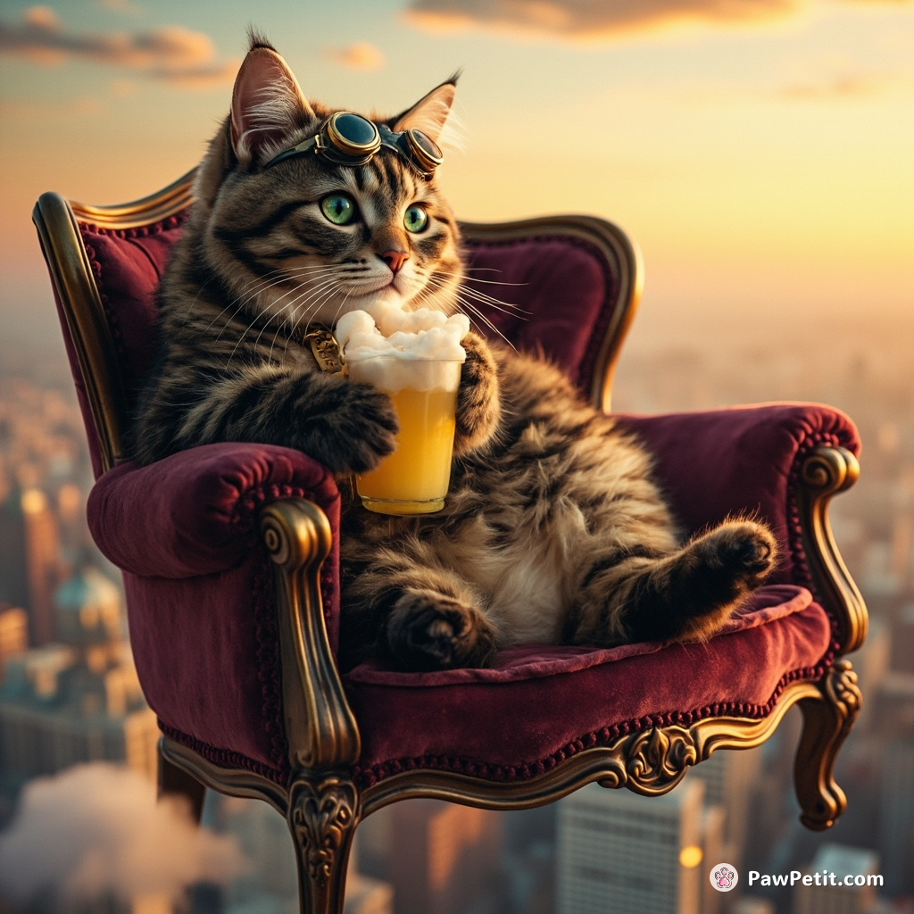 Steampunk cat enjoying a cup of cloud lemonade on his floating victorian sofa above Sunset City.