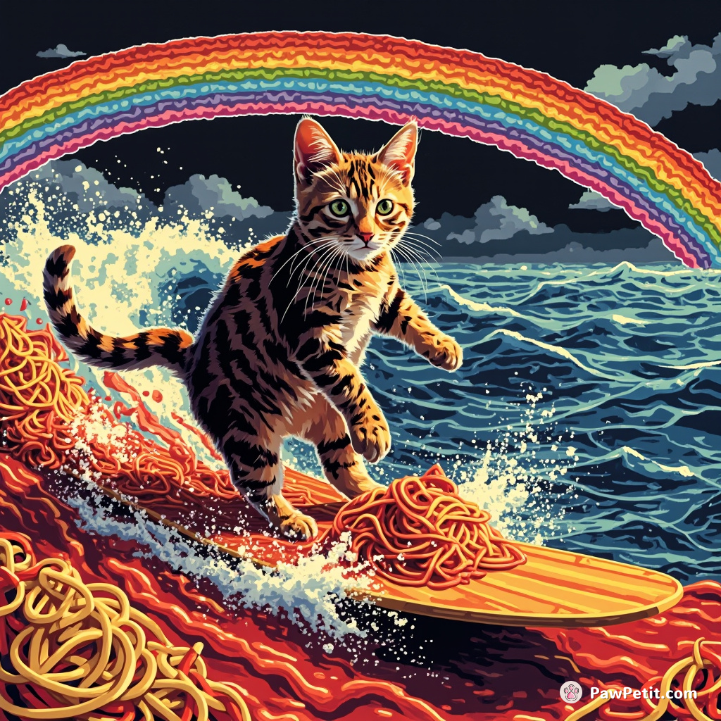 A psychedelic cat on a surfboard riding a wave of spaghetti sauce in marinara ocean, doing the limbo under a rigatoni rainbow.