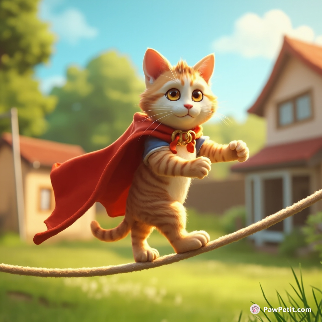 A cat, decked in a tiny cape, attempts to tightrope walk across a backyard clothesline, wobbling comically with each step.