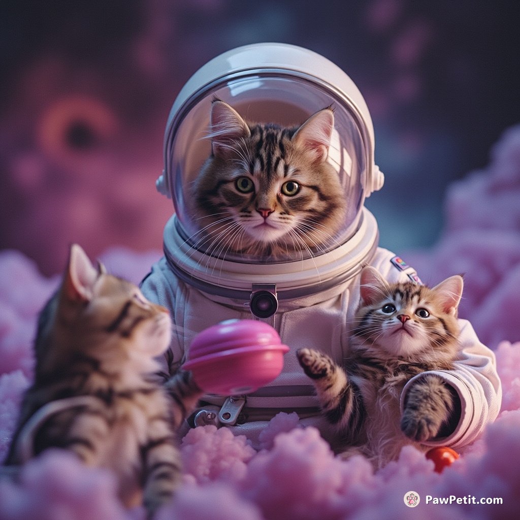 A cat teaching alien kittens how to yo-yo in a spacesuit within a nebula.