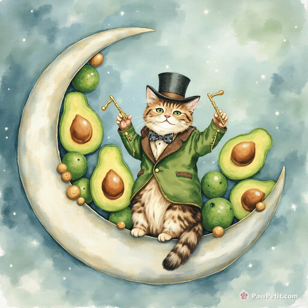 Cat conducting an elegantly dressed avocado orchestra on a silver moon crescent.