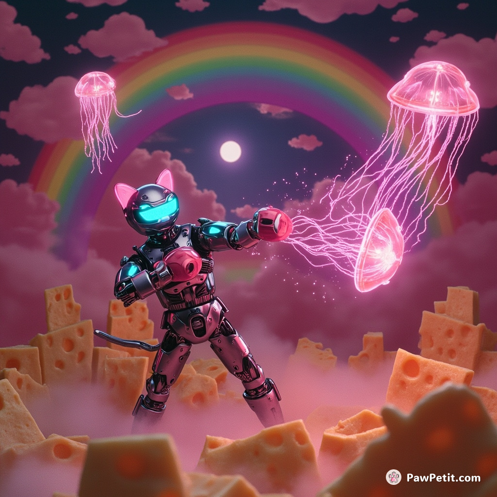 A neon-glowing cyborg cat boxing with floating jellyfish in a cathedral made of cheese under the rainbow night sky.