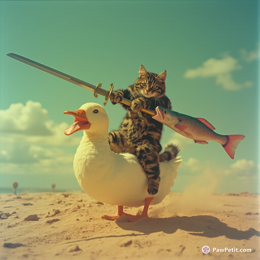 A tabby cat participating in a jousting tournament on the back of a large duckling, wielding an oversized swordfish.