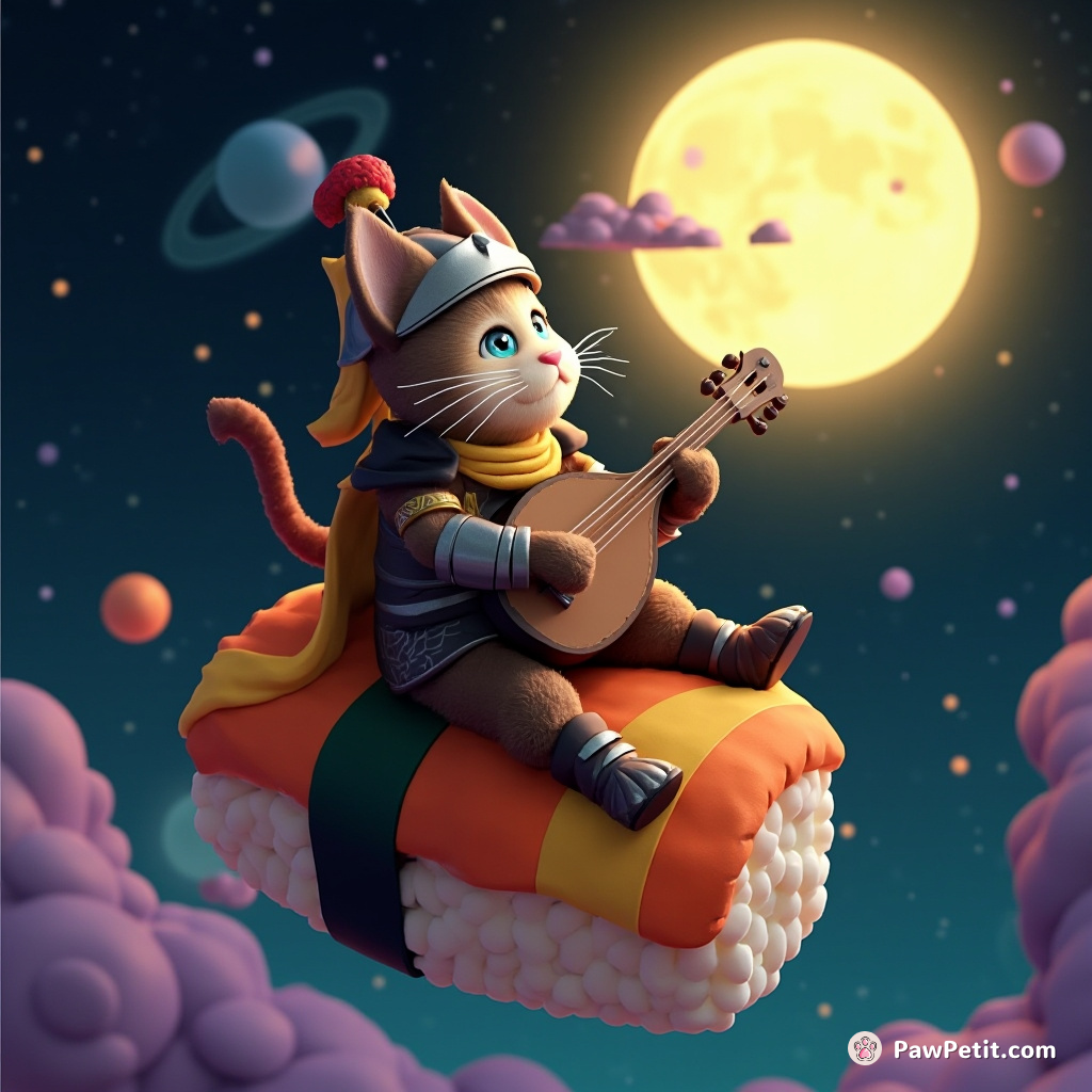 A medieval knight cat serenading a full moon with a lute whilst sitting on a floating multicolored sushi roll in outer space.