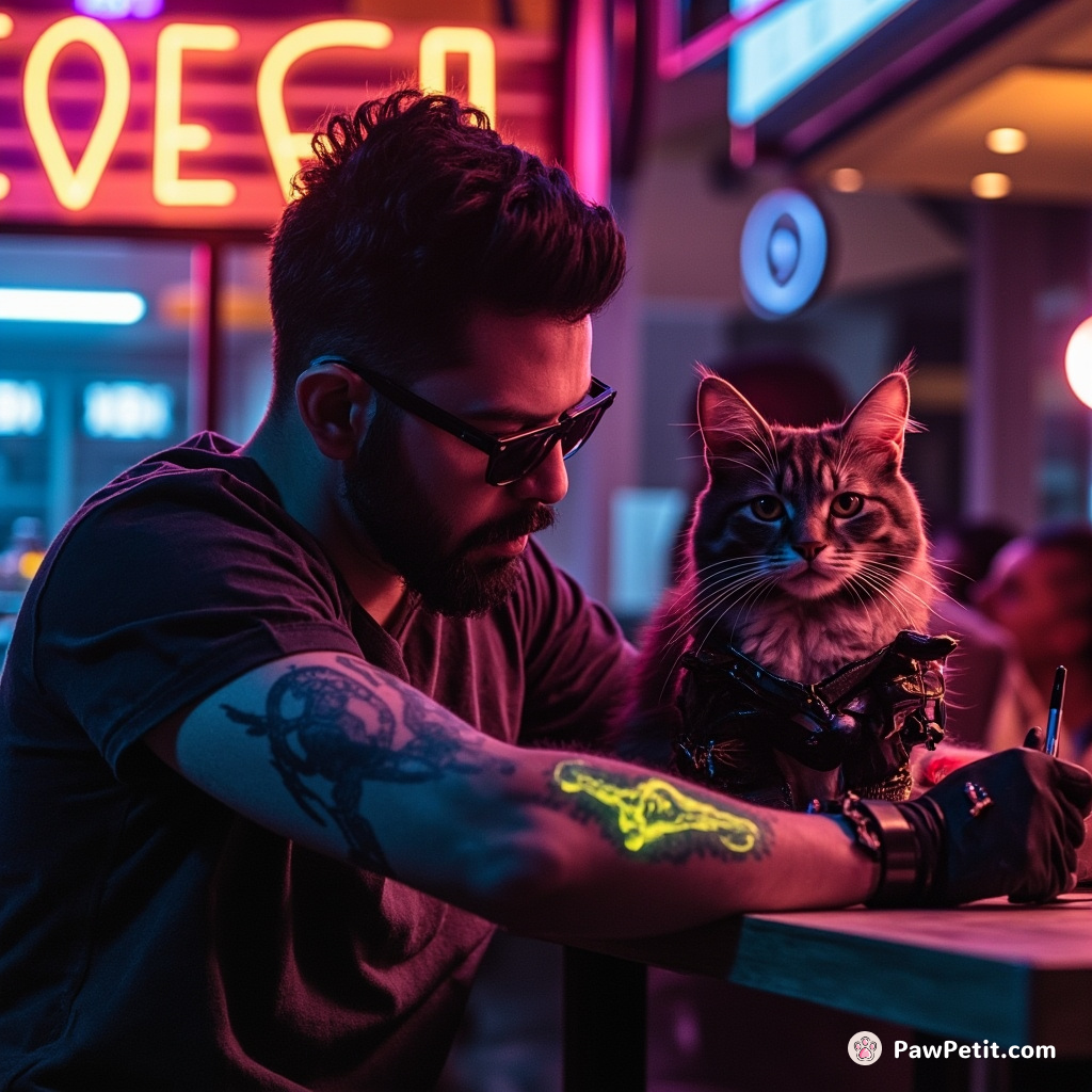A hipster cat tattooing a space-themed sleeve on his human's arm in a retro alien coffee shop.