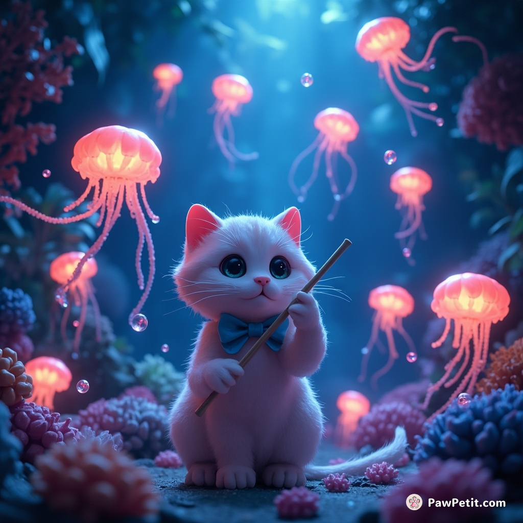 Cat conducting a symphony of glowing jellyfish in a luminous underwater forest.